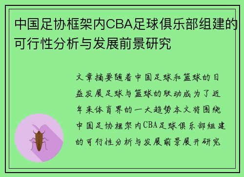 中国足协框架内CBA足球俱乐部组建的可行性分析与发展前景研究